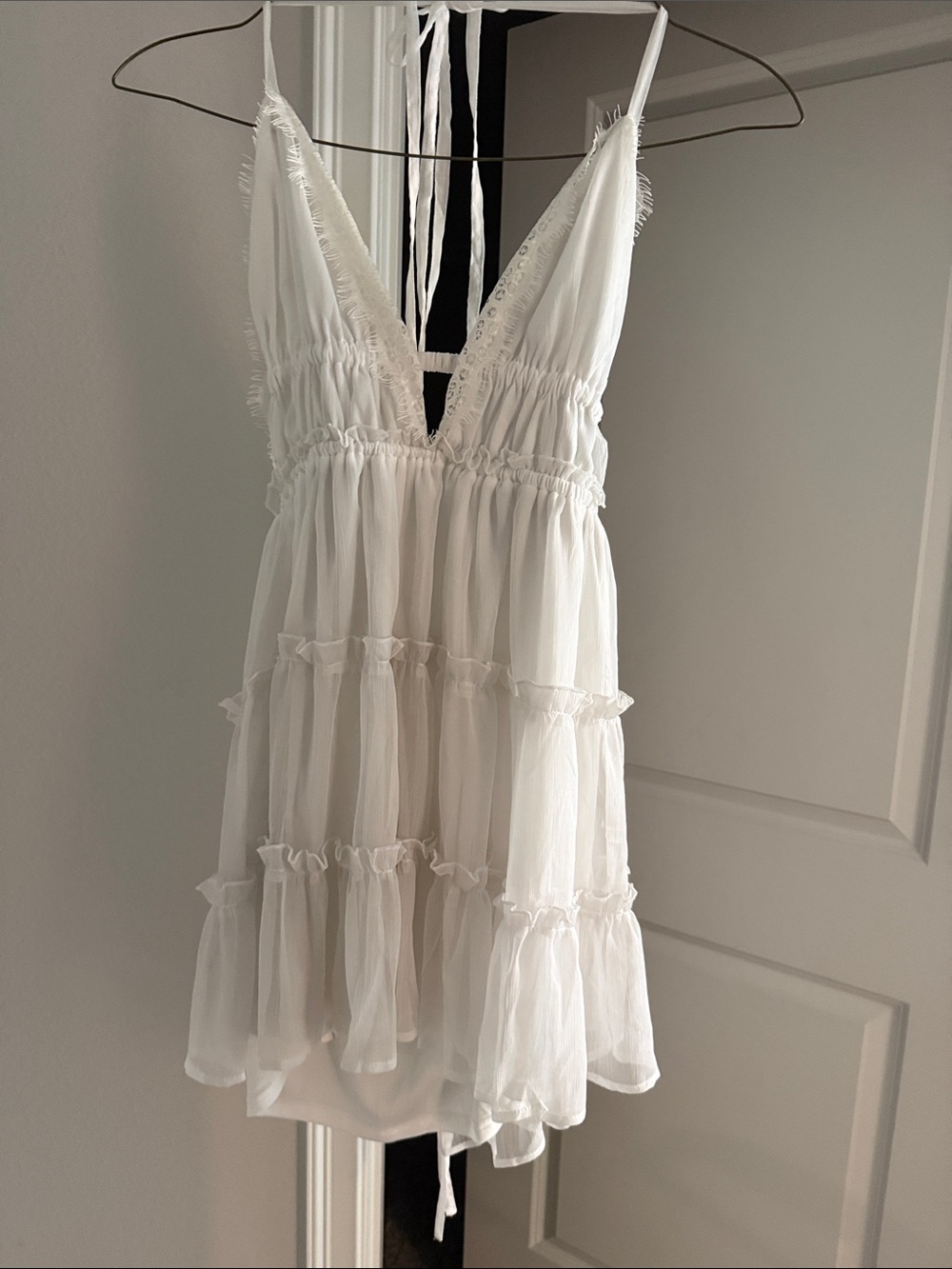 White Tiered Ruffle Mini Dress - Spaghetti Strap